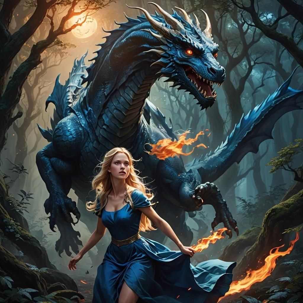 A woman running away from a dragon