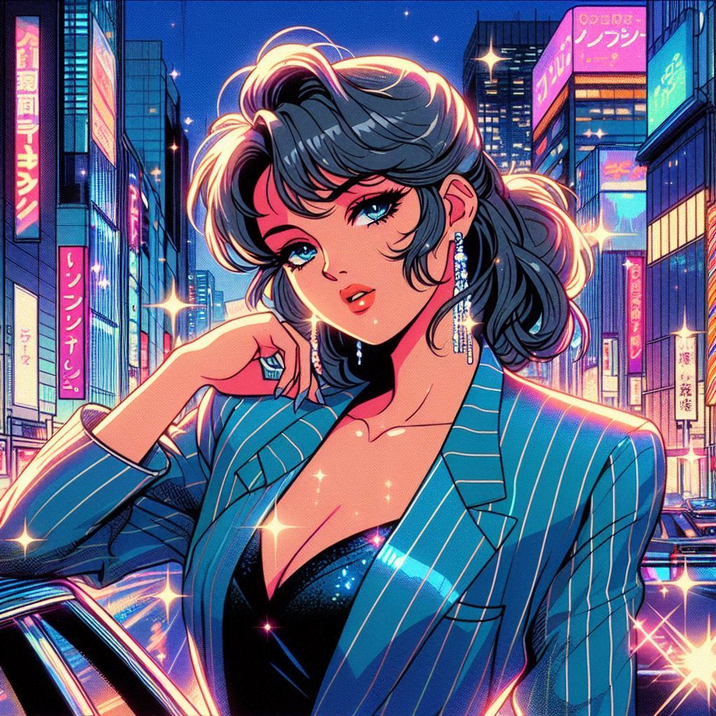 a 1980s anime style image of a woman fashion model drawn in ...