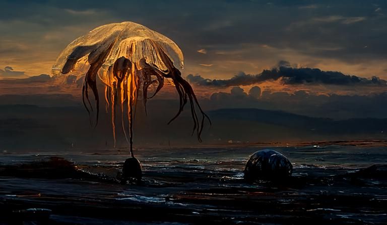 Beautiful jellyfish on a lonely beach by sundown