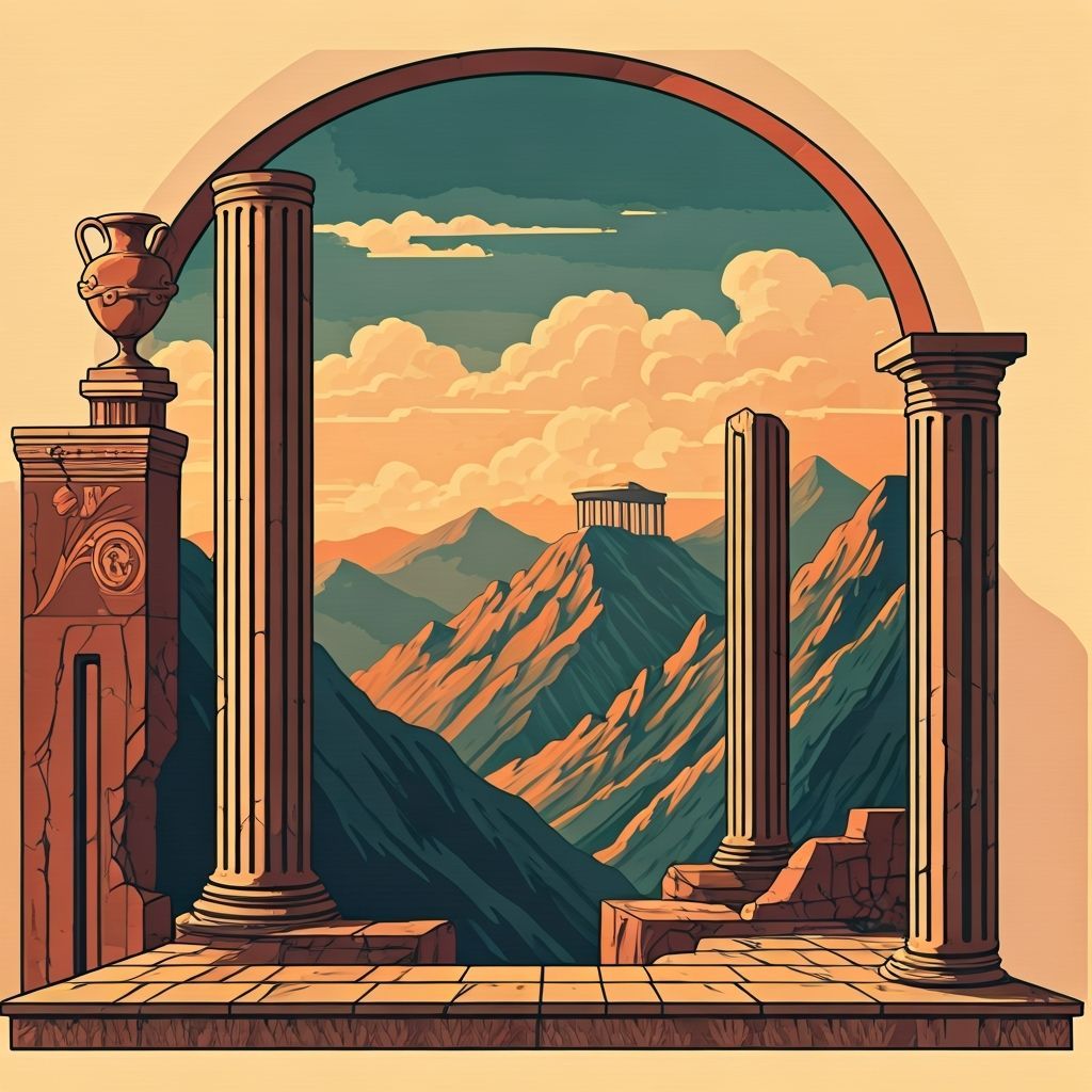 A poster‑style arched or triangular composition that is purely a view: no people, no text, no logos. Stage a dramatic mountain vista infused...