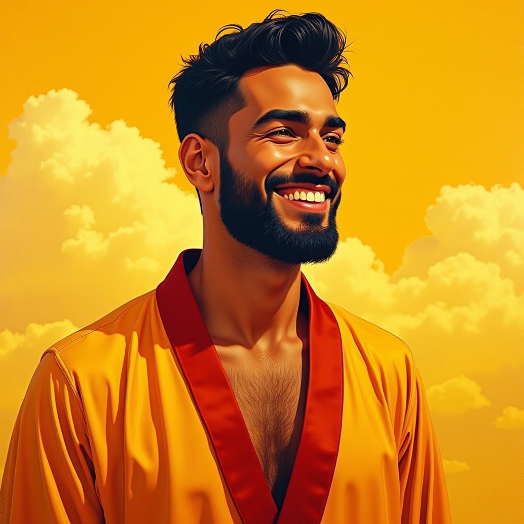 A gorgeous handsome joyous proud bearded man