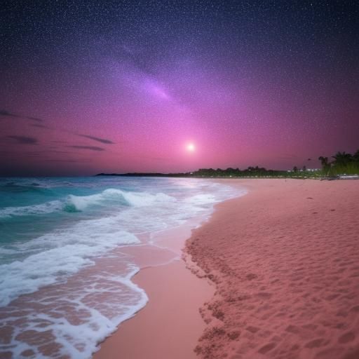 Pink Sand Beach Under a Starry Two-Moon Sky