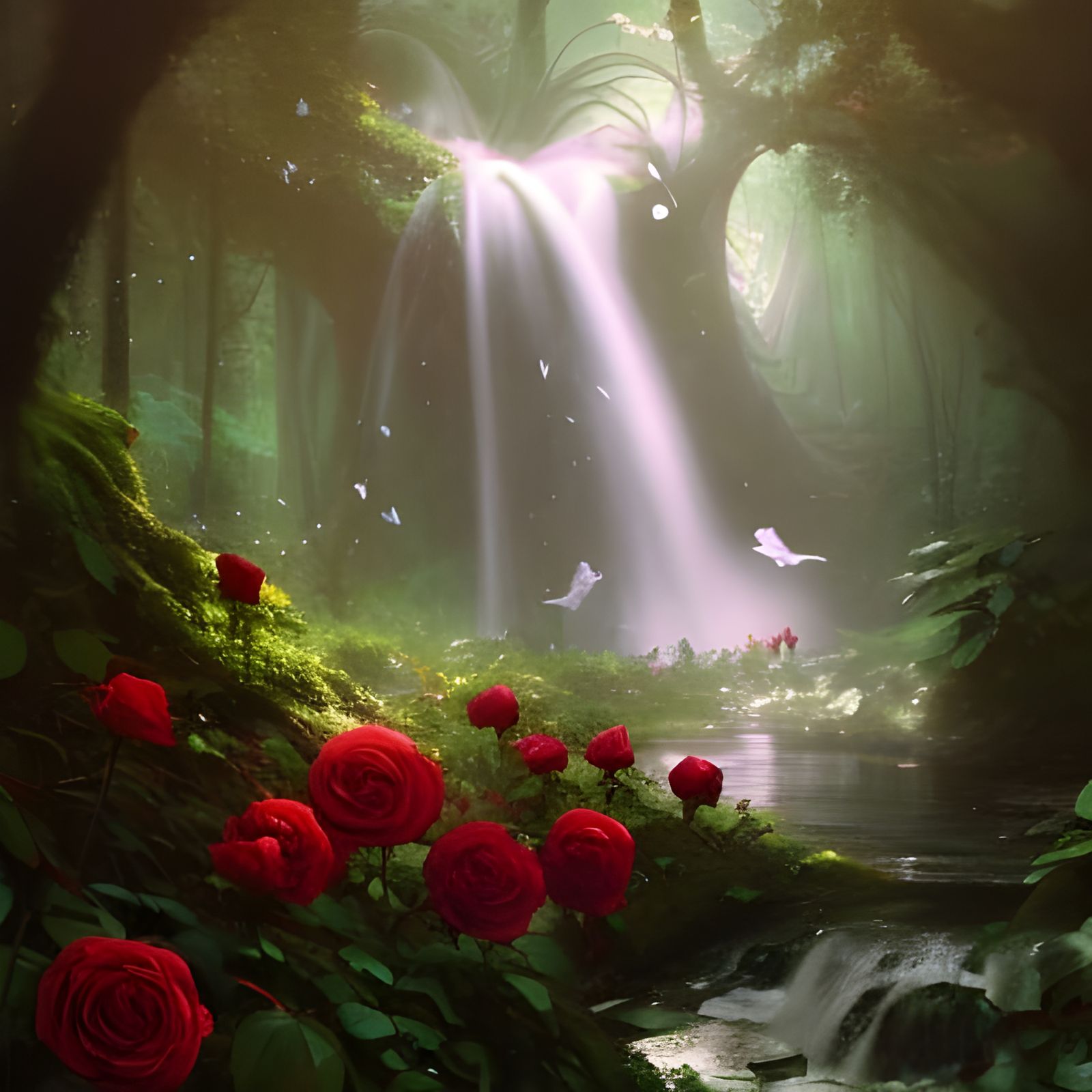 Enchanted Forest with Magical Waterfall and Fairies  by @Raveighen