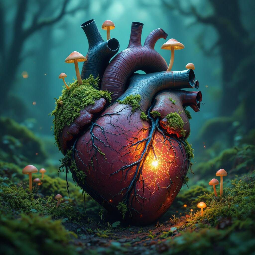 Human heart with scars, mushrooms, moss, puzzle pieces missing showing growth among the darkness. Create a fantasy 