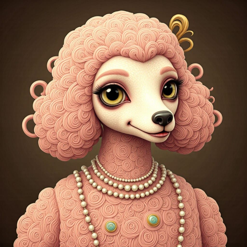 <lora:Quirky Charm:1.0> 3D freshly groomed poodle made from swirls of textured, zentangle patterns, tones of blush pink and cream and gold, ...