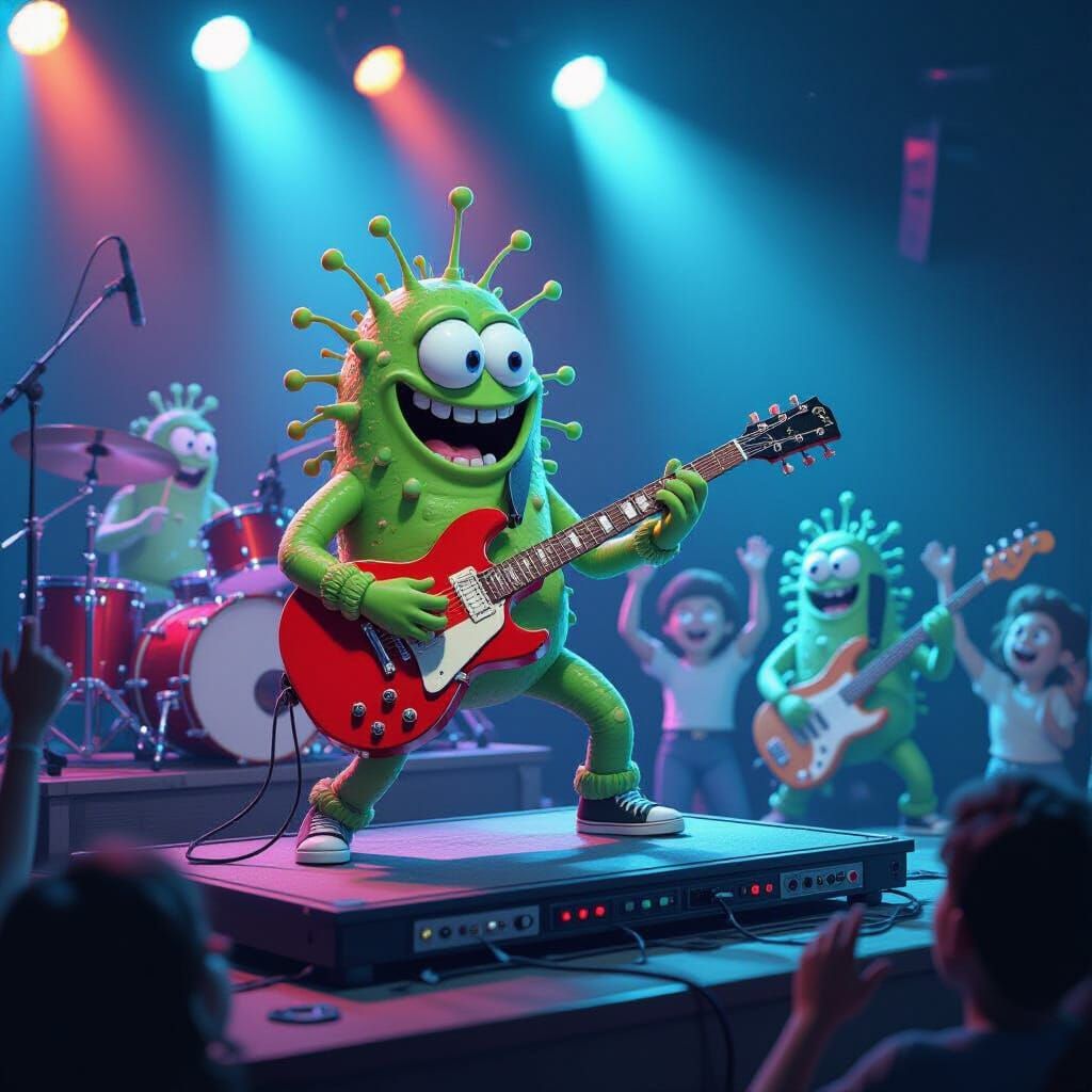 Bacterial Rock Band

“A goofy bacterial rock band performing on a microscope slide stage, with a mitochondrion playing electric guitar and a...