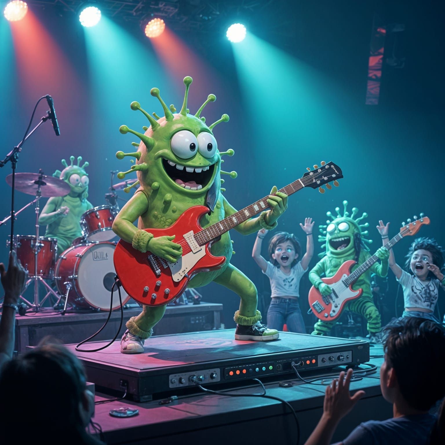 Bacterial Rock Band

“A goofy bacterial rock band performing on a microscope slide stage, with a mitochondrion ...  by @Schoor