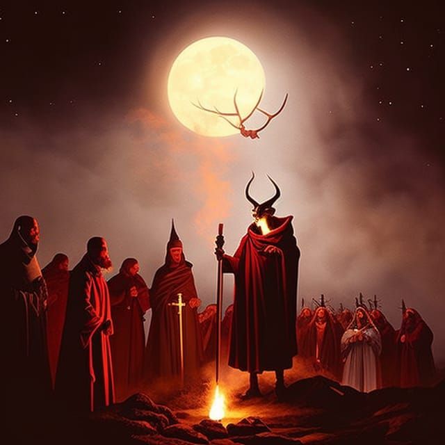 an old painting of a satanic ritual in the night, by Ismail ...