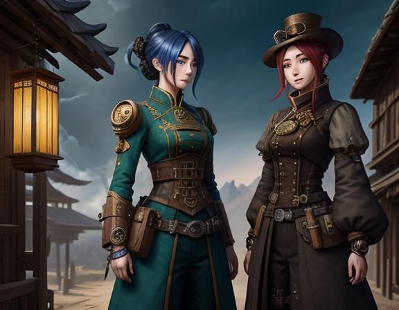 two steampunk anime women, holding lanterns, standing in a K...