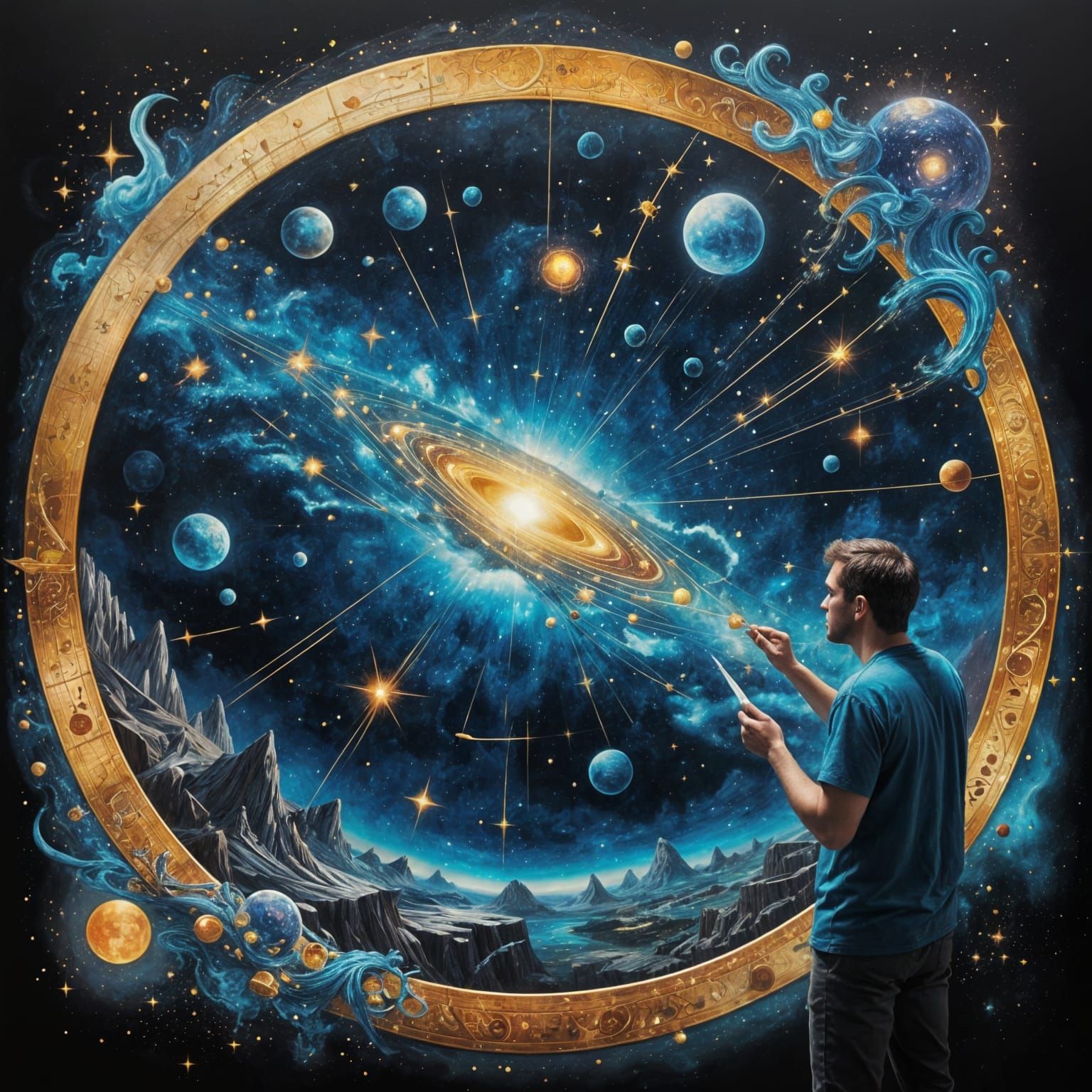 A celestial cartographer meticulously maps constellations using starlight and cosmic dust on an immense, floating parchment. Their robes are...