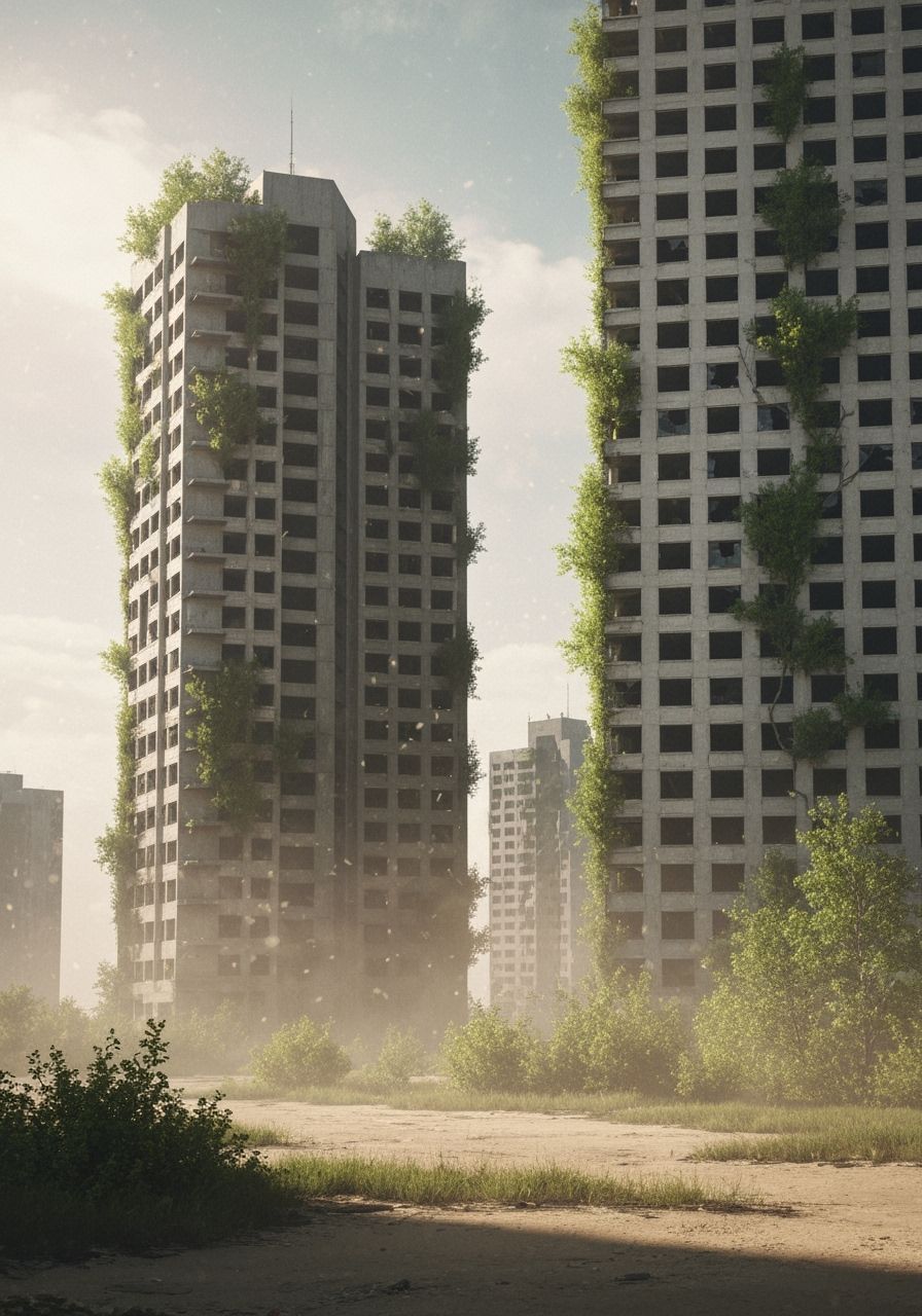 High-rise buildings, seen from a semi-distant perspective, have been abandoned, raising greenery and dust.