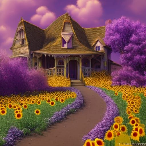 Haunted house ;

sunflowers and roses ; purple and peach ; t...