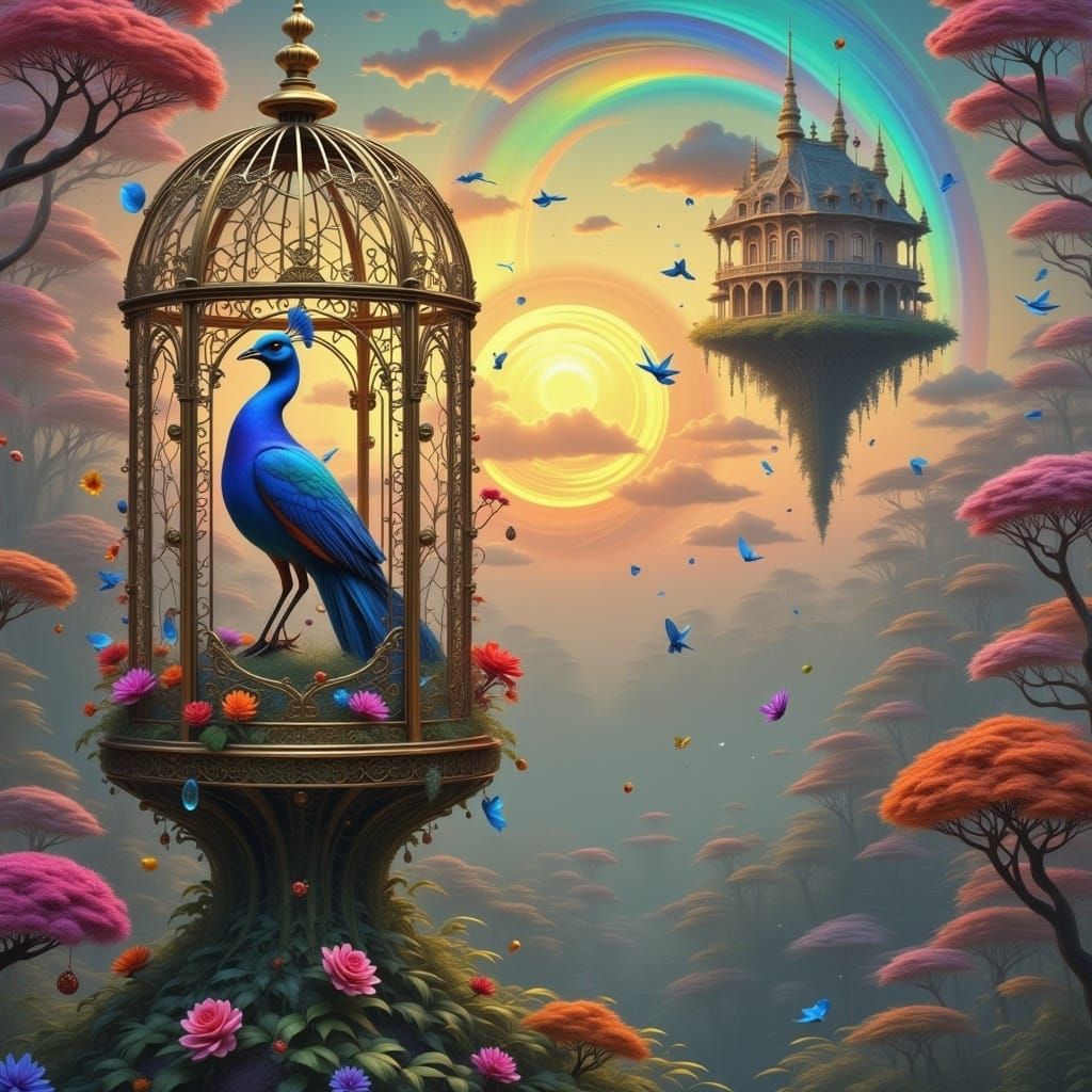 <lora:BLUEBIRD MILLENNIUM:1.0>
UKIO-E AN ANTIQUE RED PEACOOK INSIDE A FILIGREE GEORGIAN-STYLE CAGE, COLOURFUL-FLOWERED CREATION, 
3D FRACTAL...