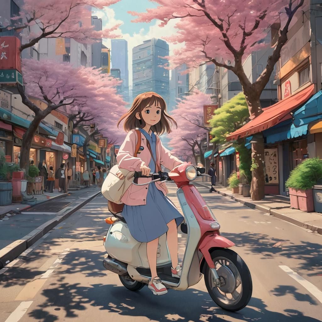 Anime Girl Rides Scooter Through Tokyo, Ghibli Style
