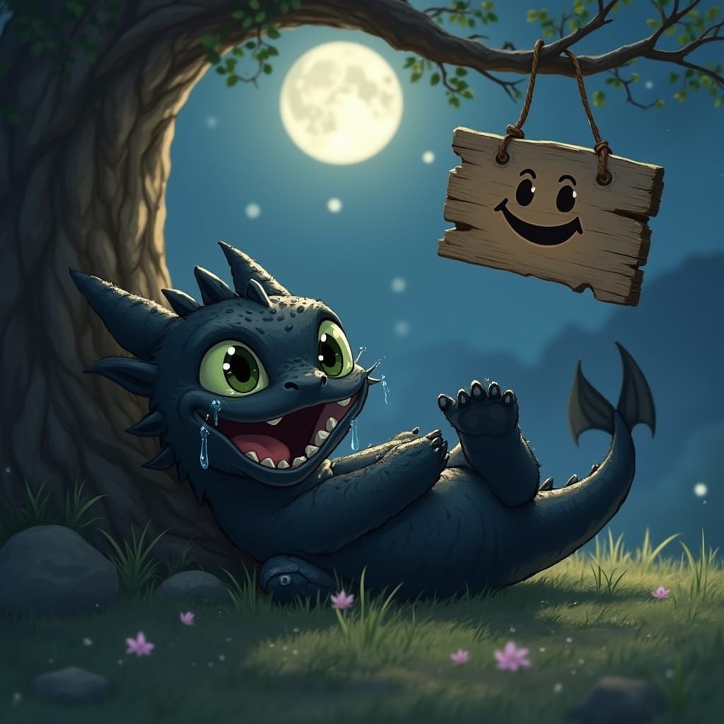 Adorable Black Dragon in Epic Fantasy Night Sky