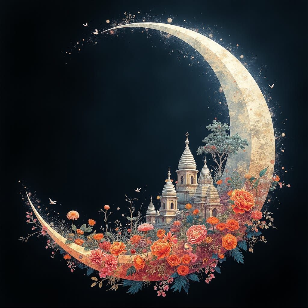 a dreamy crescent moon double exposure, inside there is a mystical land of flowers and temples, colorful, ...  by @Tina Osburn