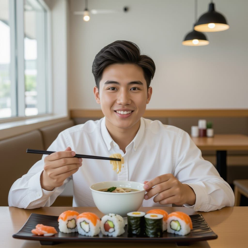 Chinese Boy Eating Sushi