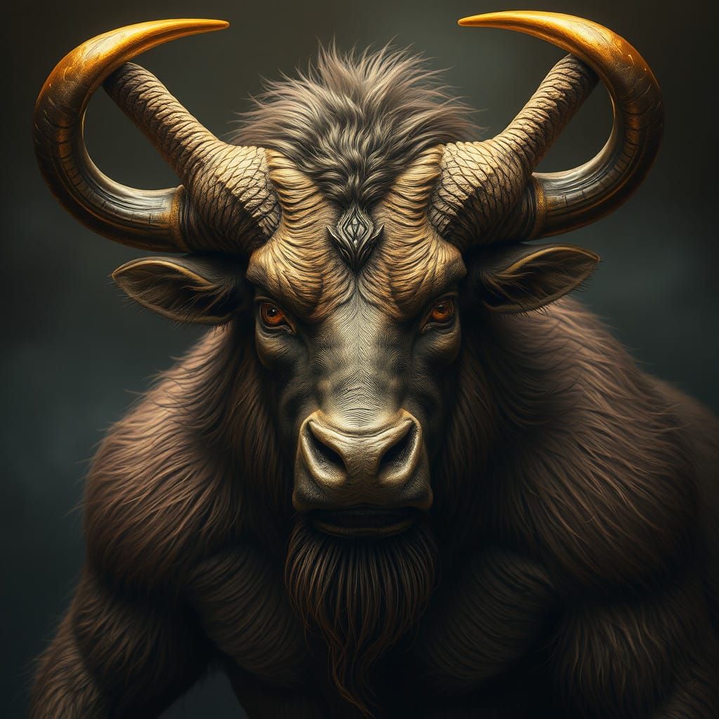 Minotaur, shiny horns, hyper detailed fur  by @Iconoclast