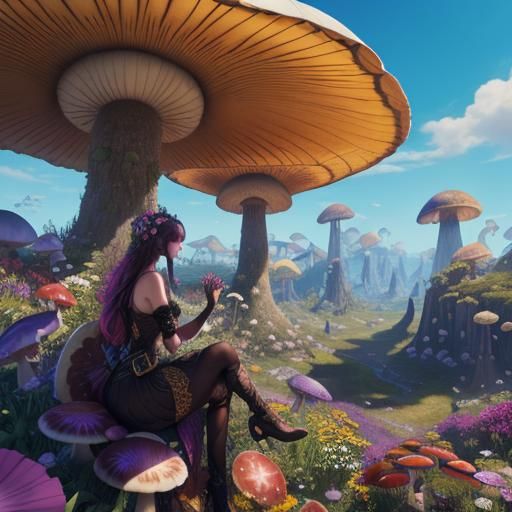 fairty girl silhouette sitting an giant mushroom above multi...