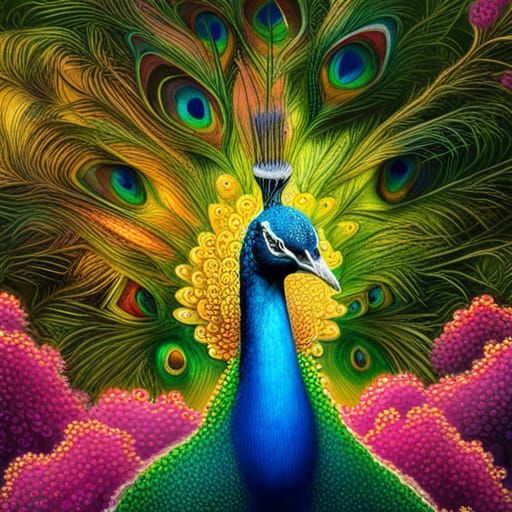 Colorful Peacock in Hyperrealistic Garden Art