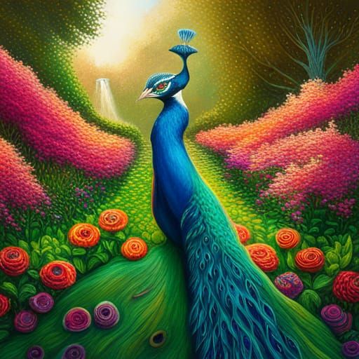 Colorful Peacock in a Garden with Fountain