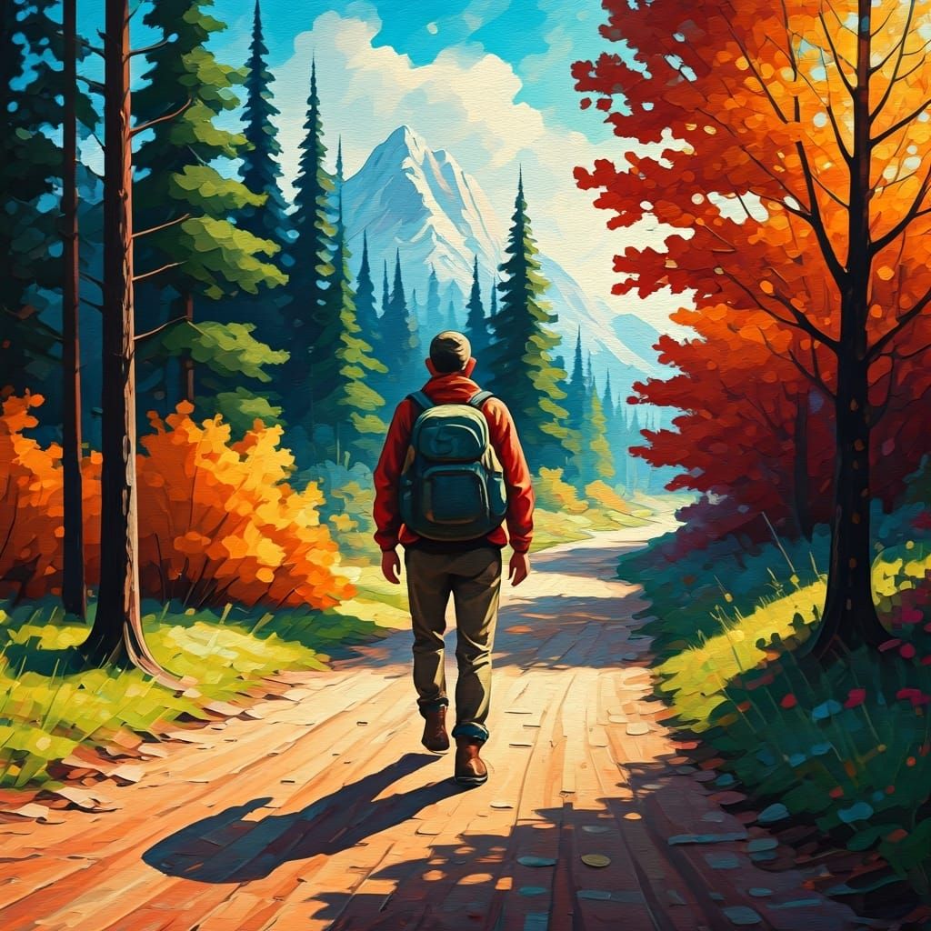 First Step: Neo-Impressionist Hiking Scene