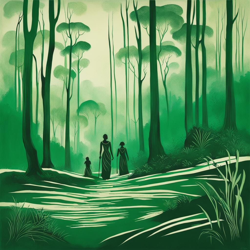 Tribal Women Emerge from Emerald Forest in Ink Painting