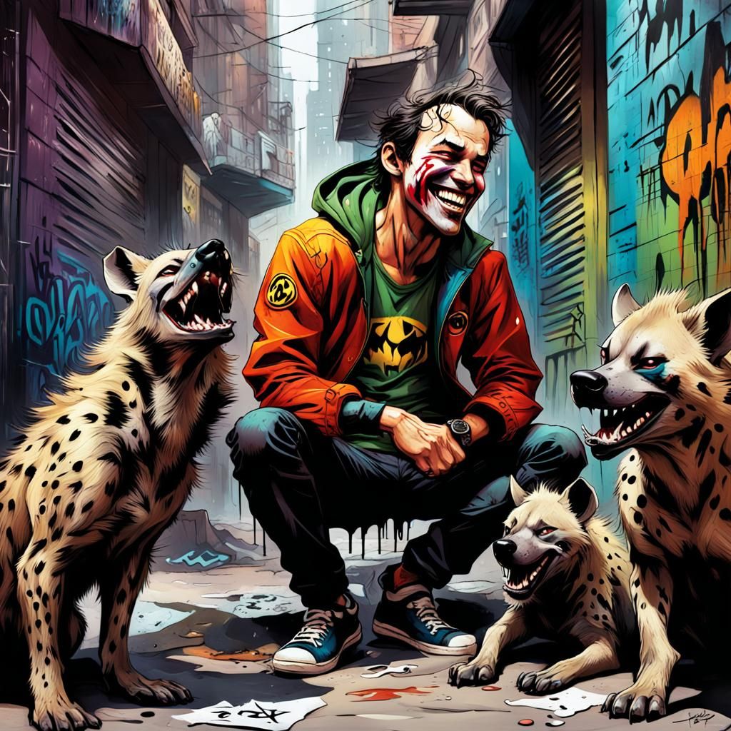Young tim drake laughing with hyenas, joker junior. - AI Generated