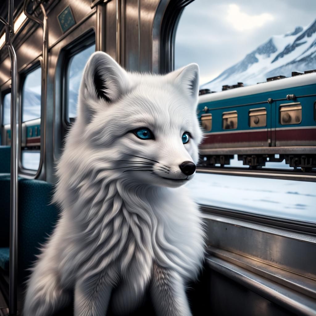 Anthropomorphic Arctic Fox riding a train looking out the wi...