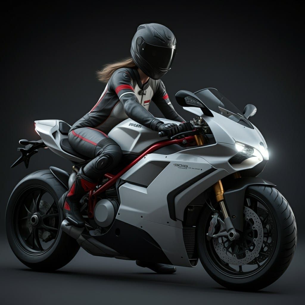 Gorgeous Woman in Motorcycle Suit Cruises Ducati 999R at Hig...
