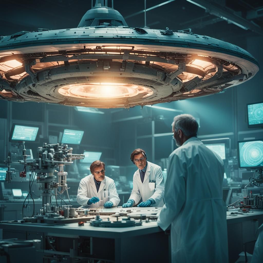 scientists, in the lab working on a crashed UFO, Cinematic f...