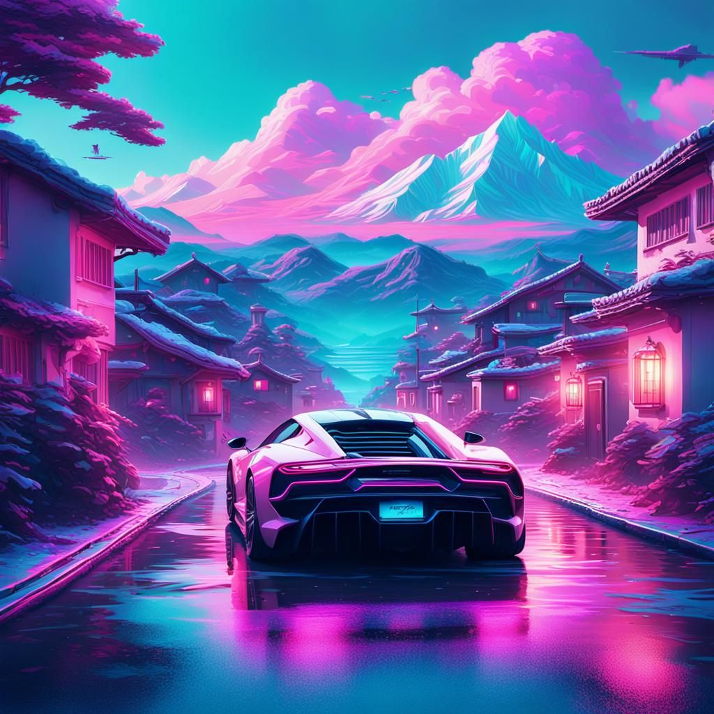"Create a Vaporwave-inspired image: A supercar glides serenely through a nostalgic village, blending ...  by @nishinishand
