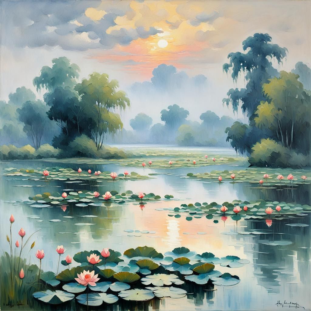 Impressionist Pond Scene After Rain