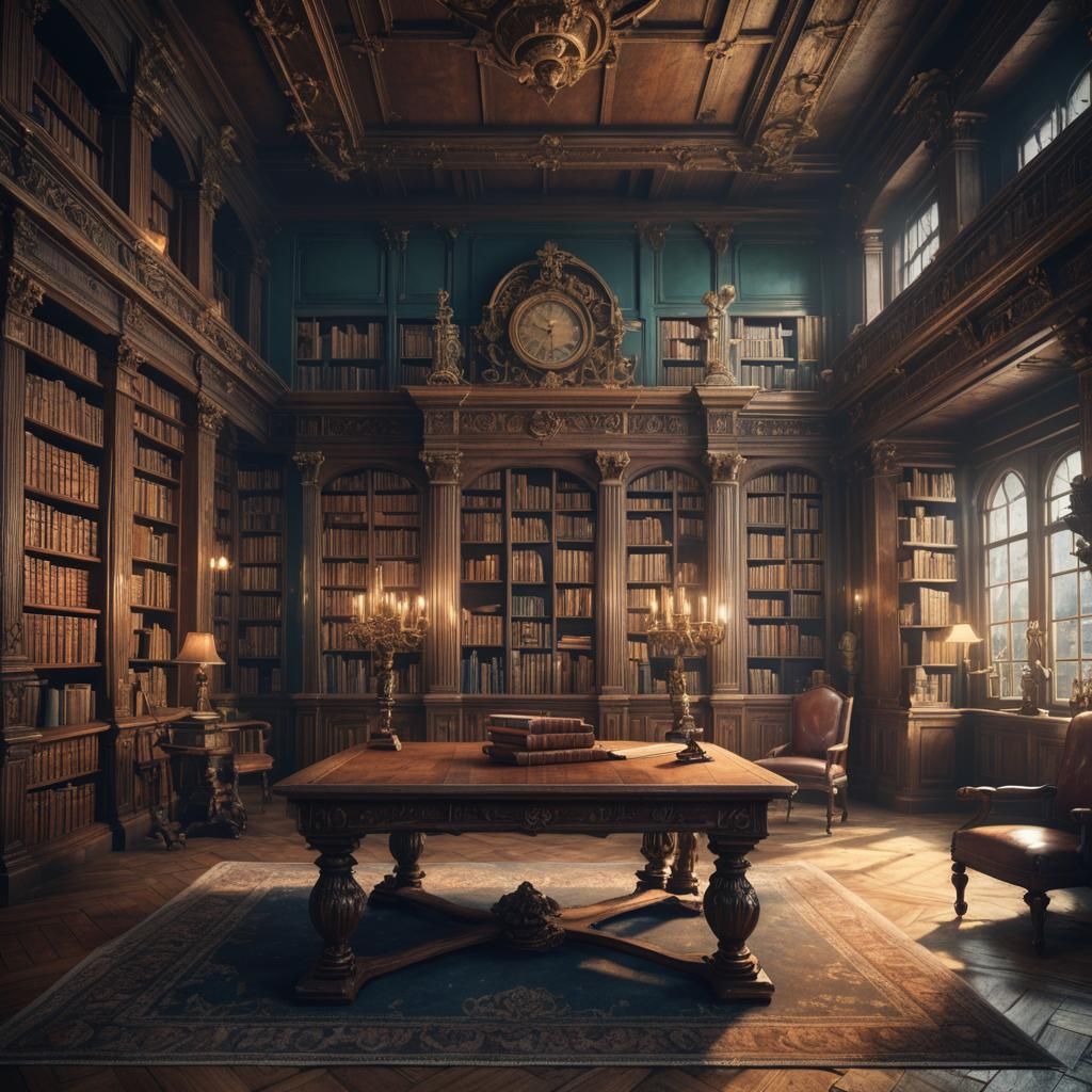 Antique Table in Vintage Library: Detailed Matte Painting