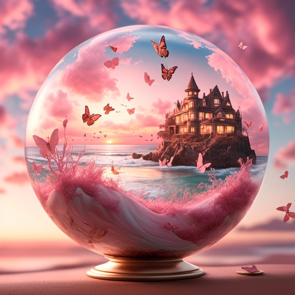 transparent pink globe with butterflies inside the globe, on...