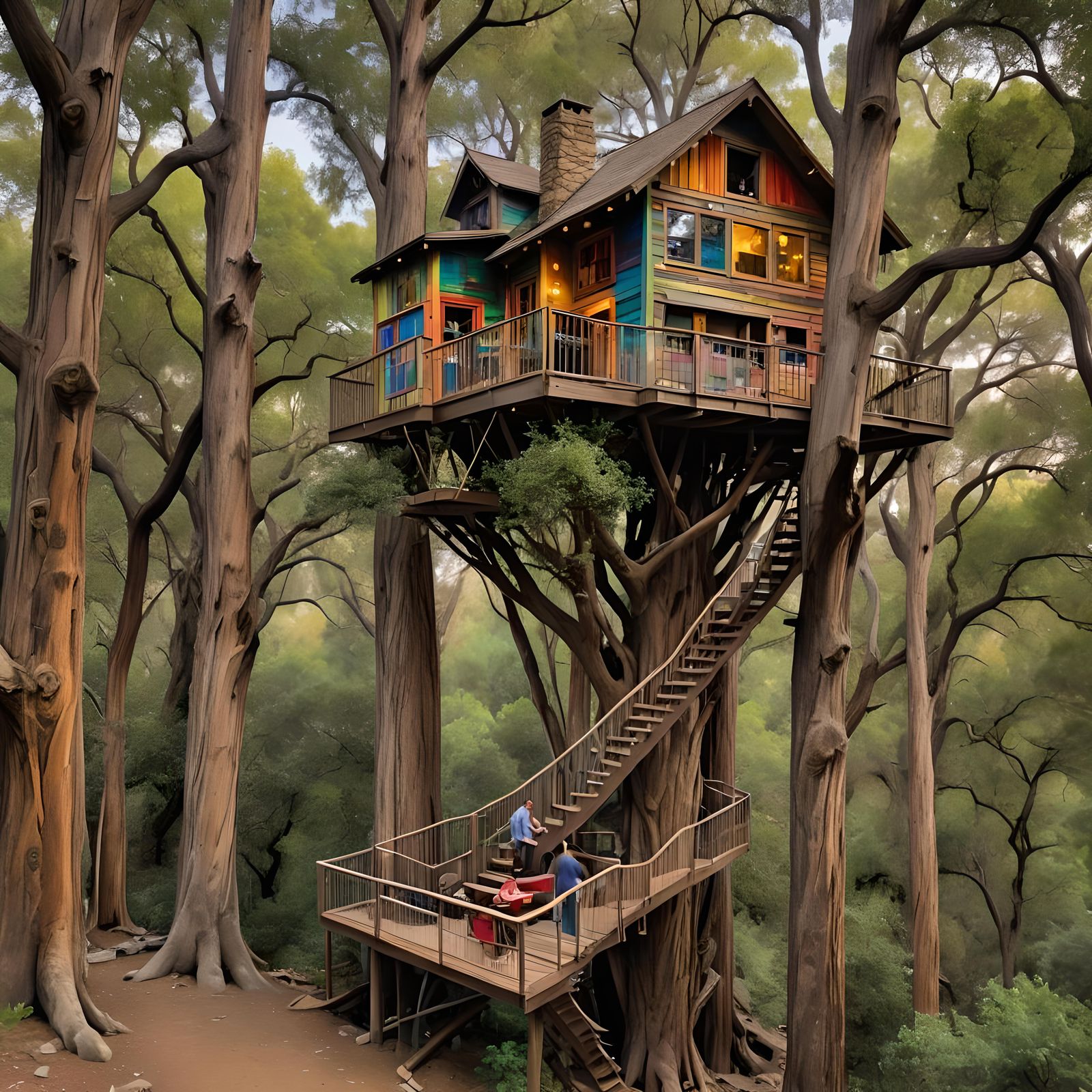 A beautiful rainbow colored three story treehouse up in a hu...