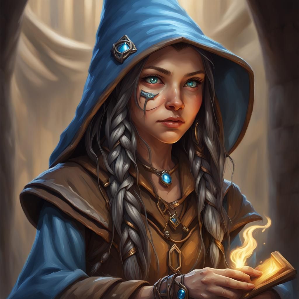 a highly detailed painting of a beautiful olive skin gnome female mage ...