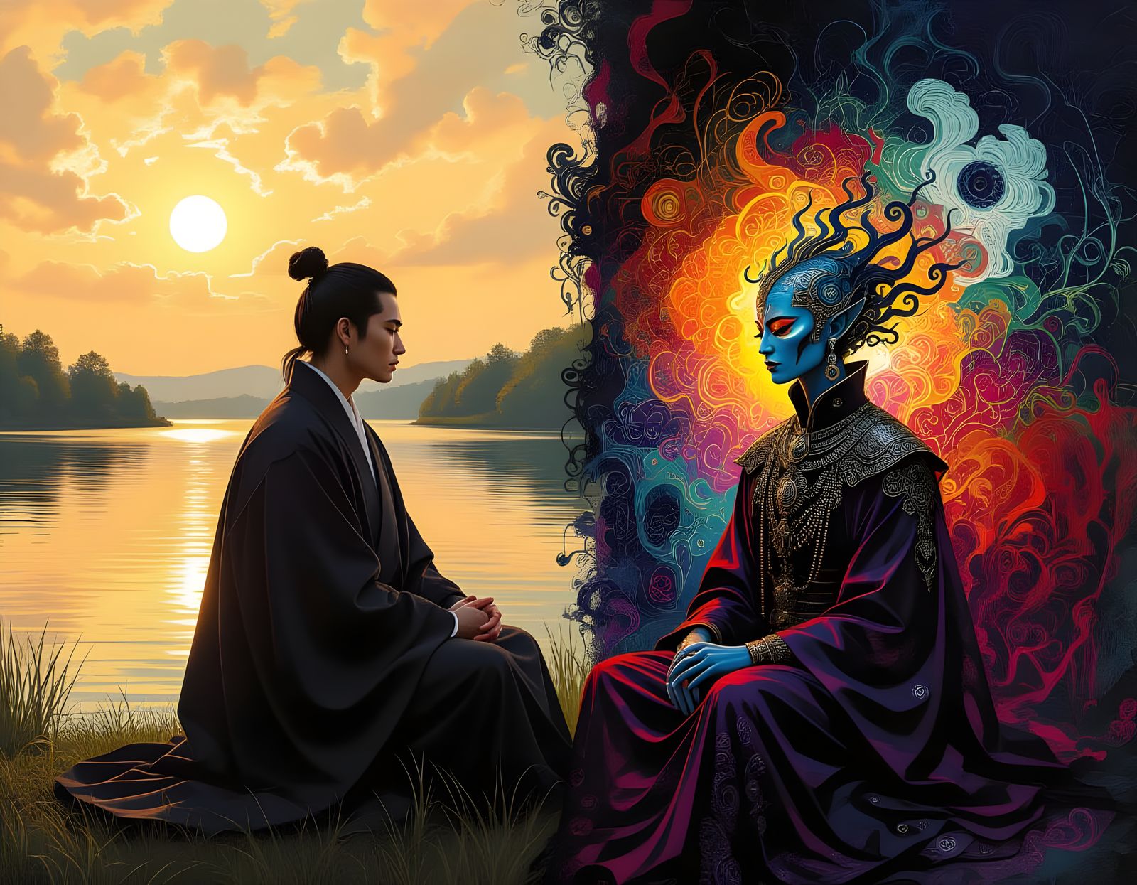 contemplation - Contemplative Figure Between Order and Chaos