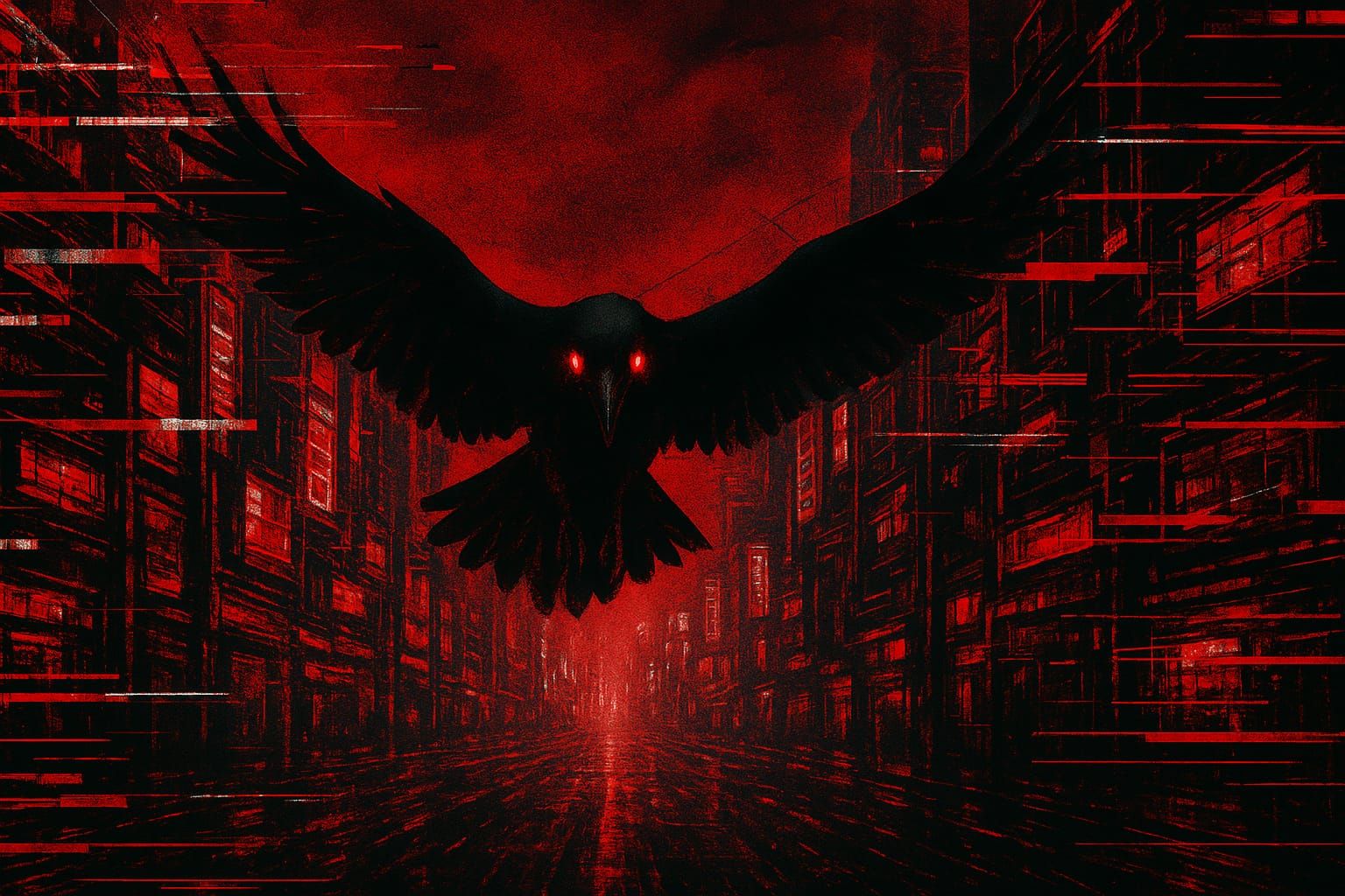 Glitched Raven in a Cyberpunk City III