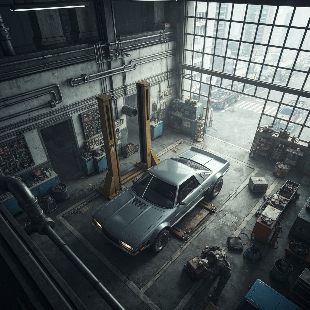 Futuristic Car Repair Shop: Cinematic Drone Shot