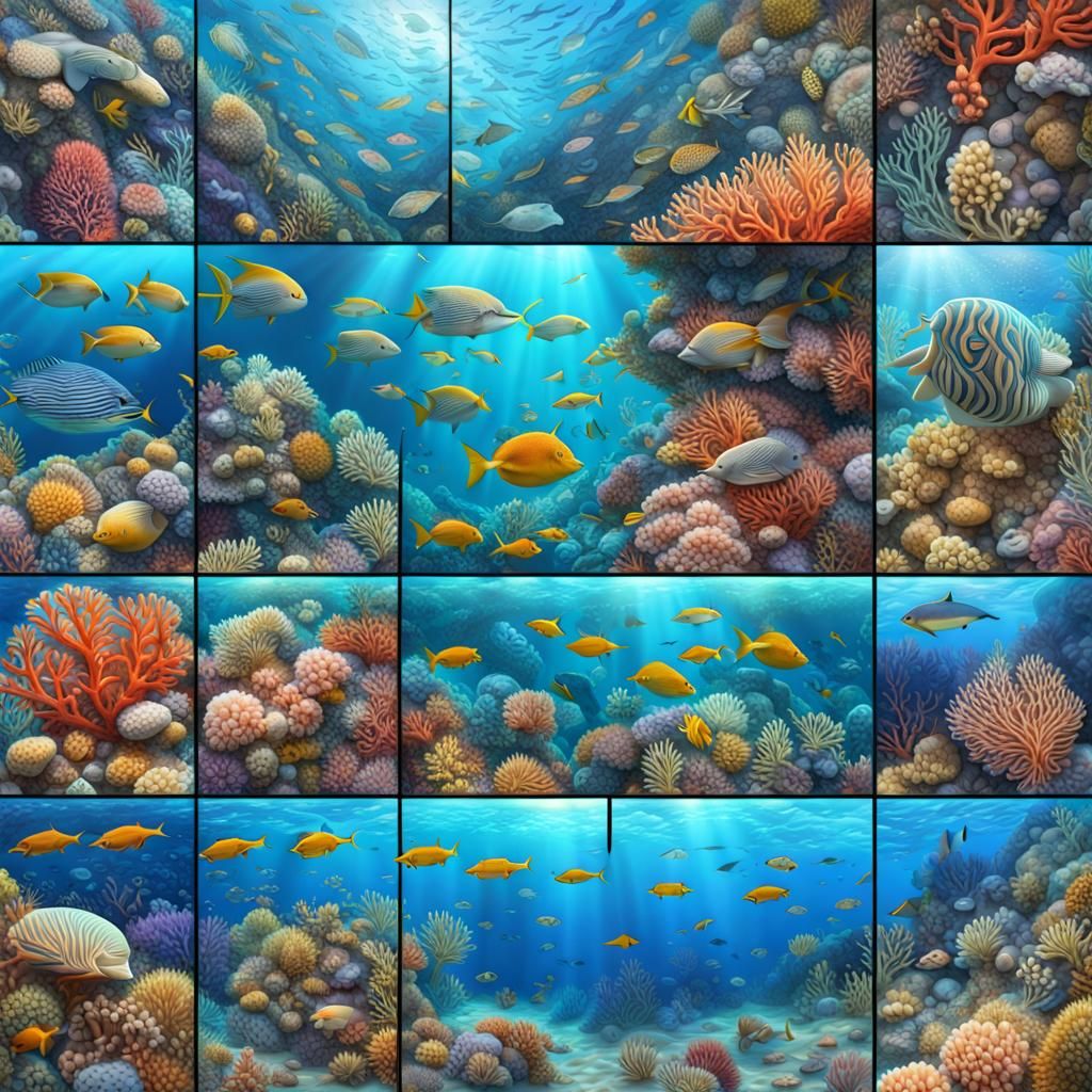 marine life mosaic, coral reefs, and underwater scenes, hype...