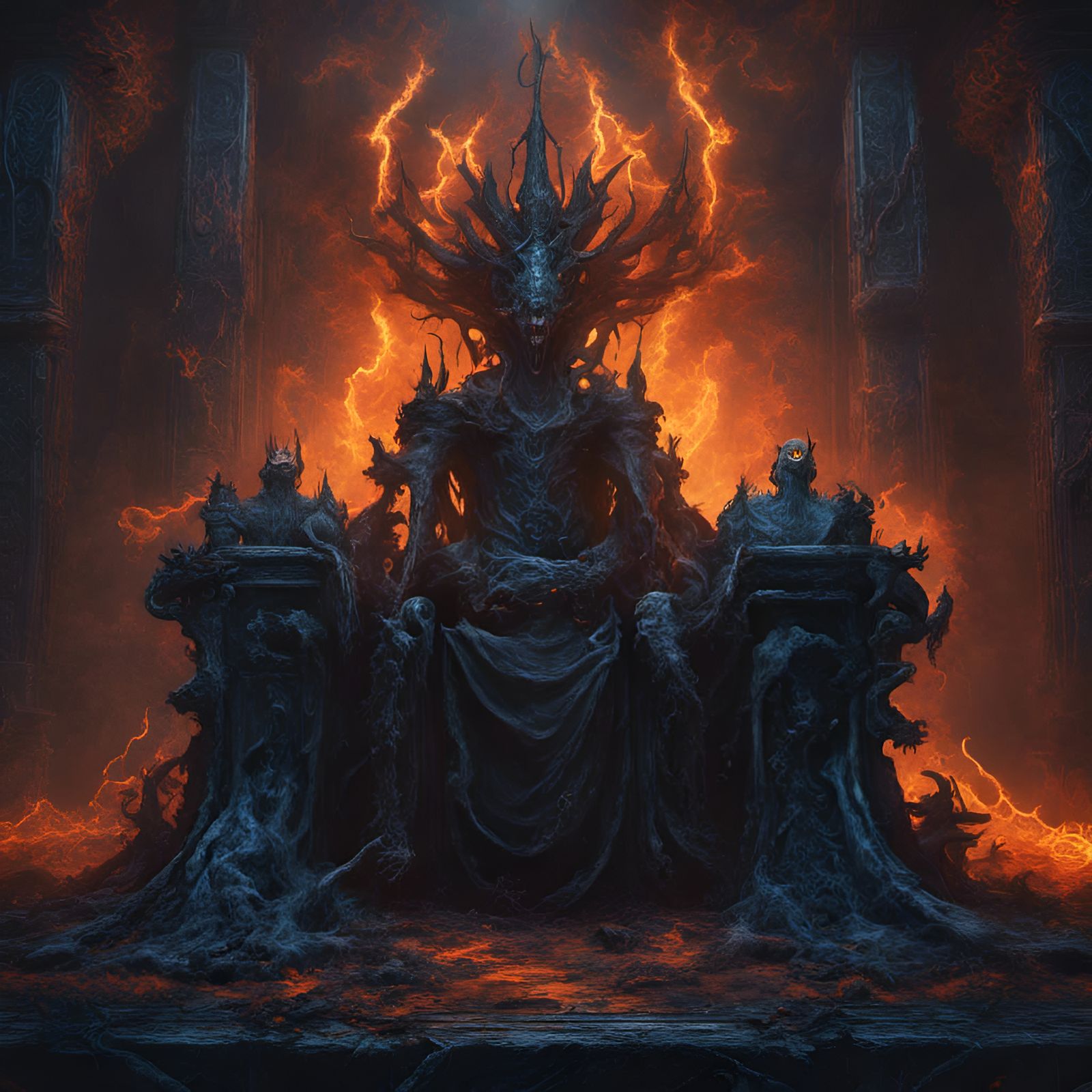 satanic throne in hell,blue and black,orange mist in the style of Eerie ...