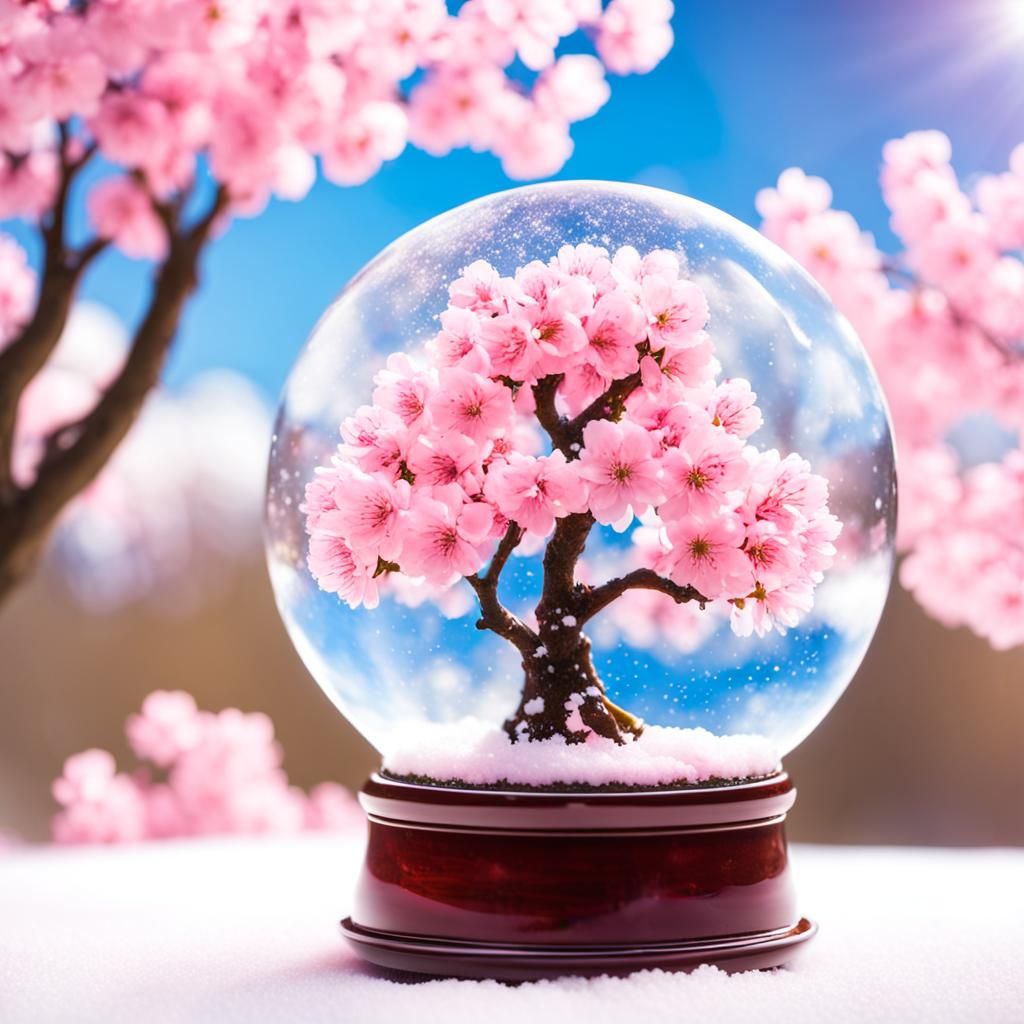 A snow globe with cherry blossom trees inside of it.