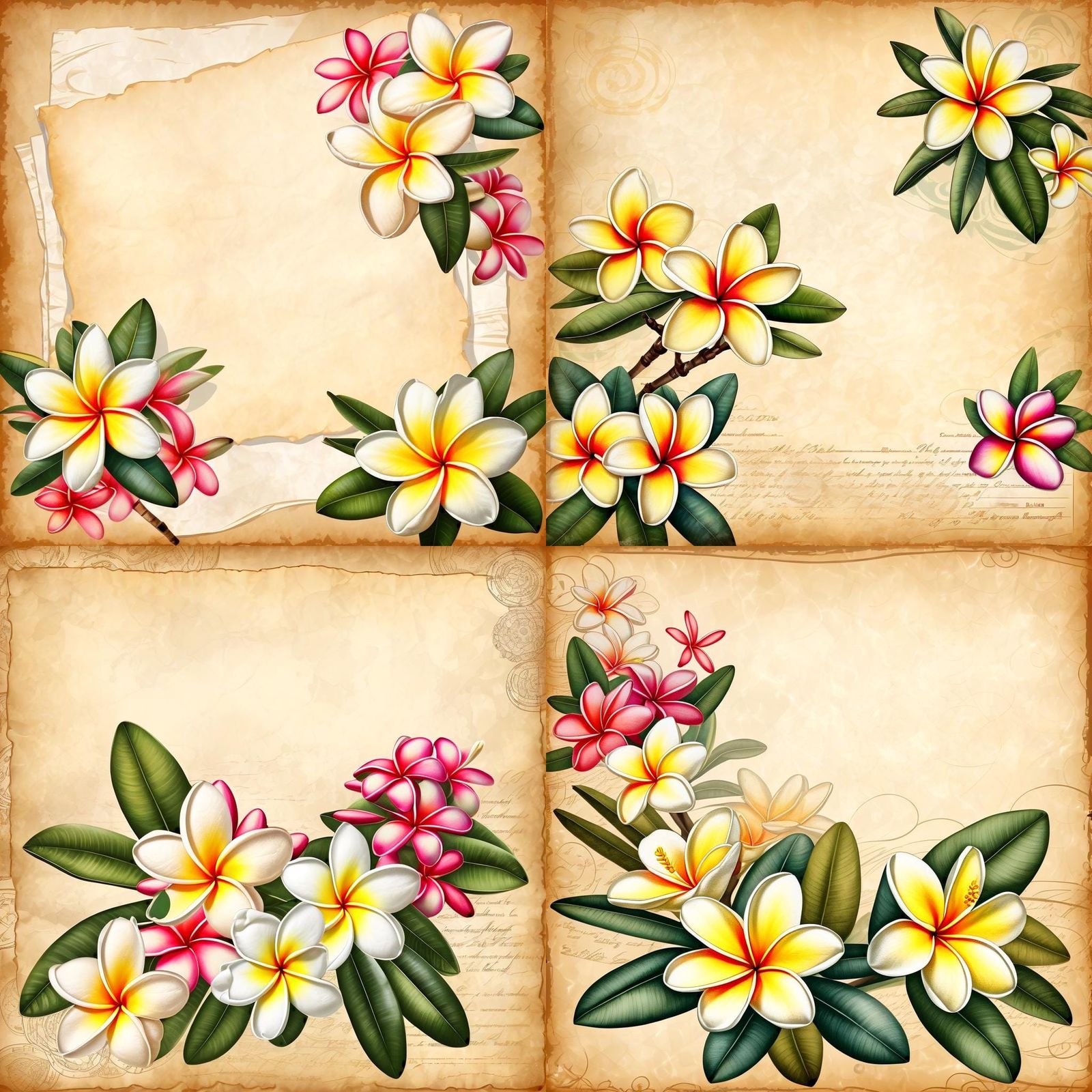 vintage plumerias flowers, parchment background