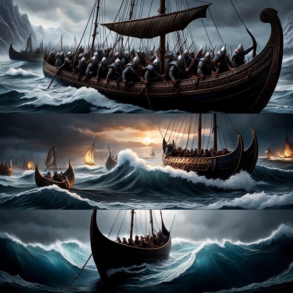 Viking long boats, full of warriors, battle the rough seas, ...