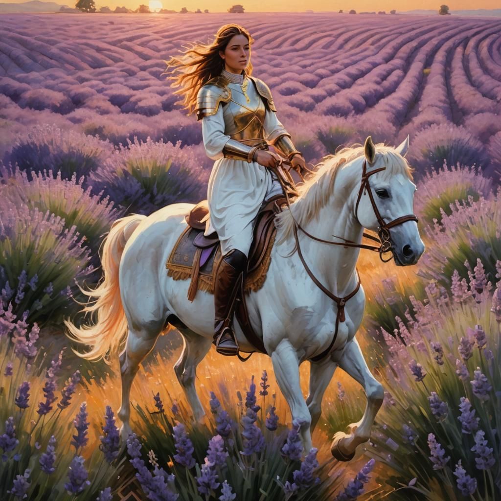 Warrior on a white horse in a field of lavender during golde...