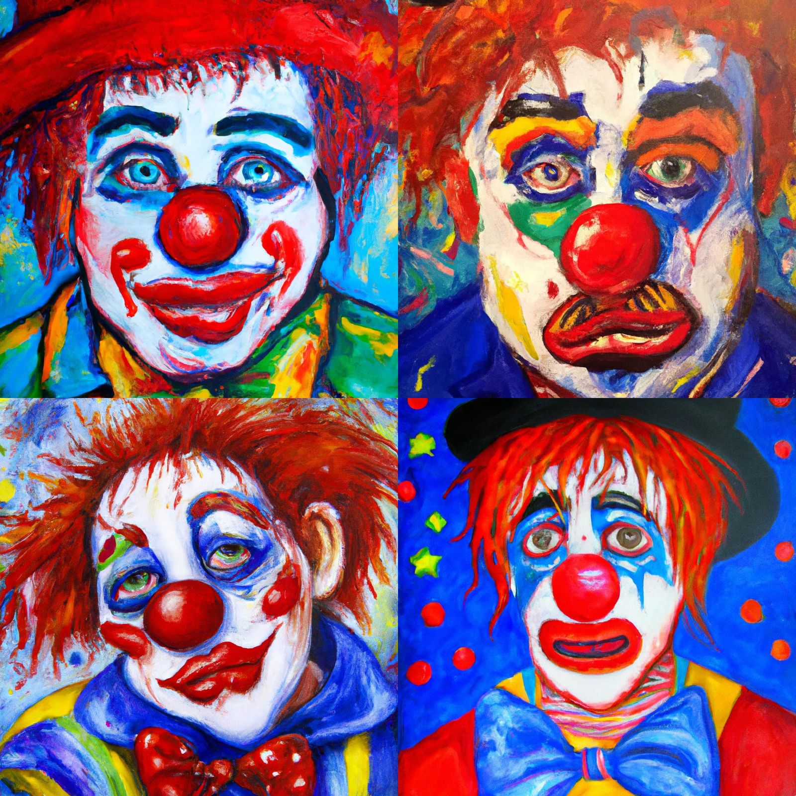 Visualize a striking expressionist acrylic painting of a sad clown with ...