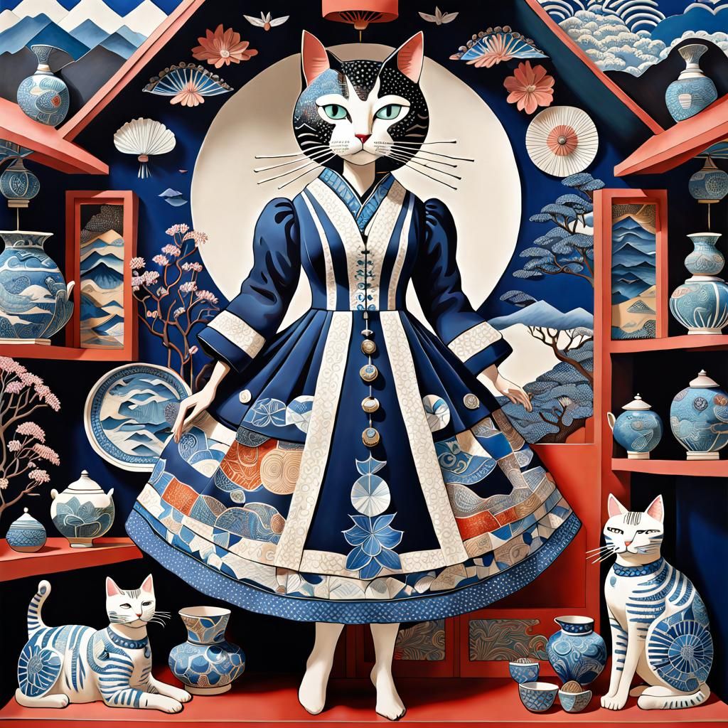 This cat collects blue and white hand-painted fine china.