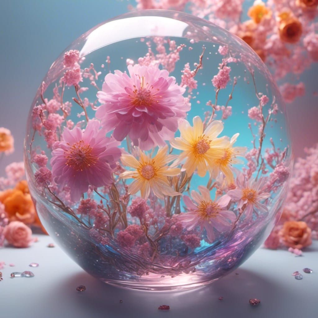 <lora:eye:1.0> Large transparent, see through  flowers in a ...