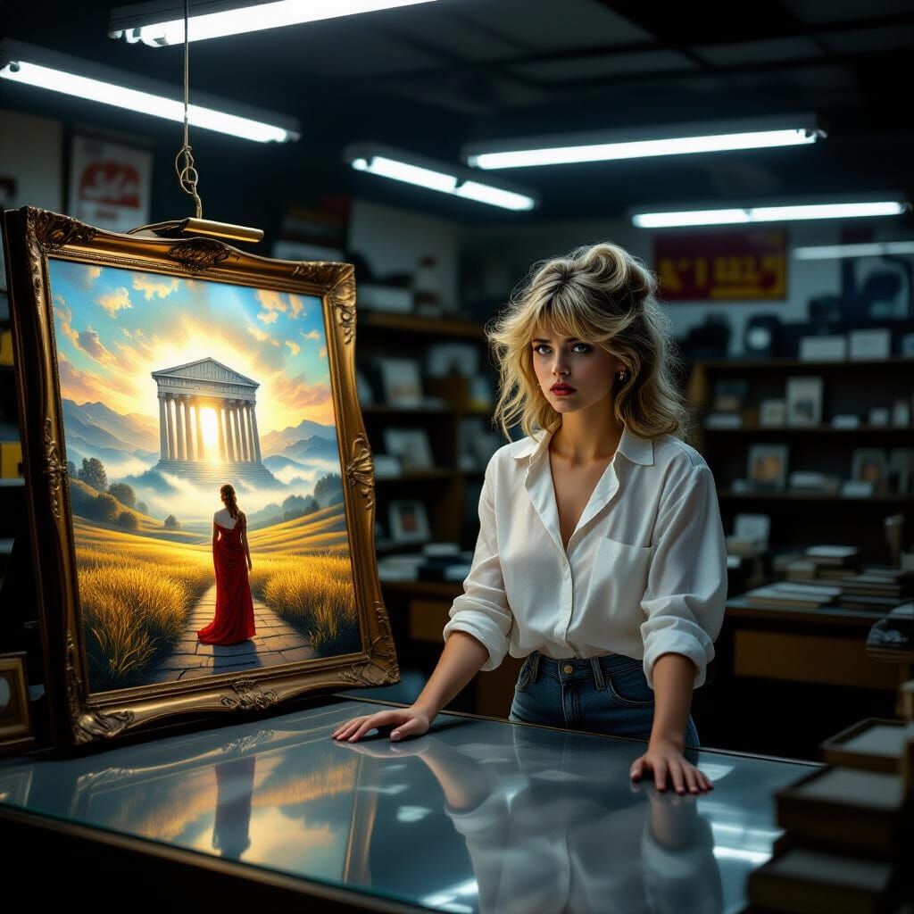 8K hyper-realistic cinematic render, wide-angle full-body shot. 
Inside a dim 1980s pawn shop, harsh fluorescent lights flicker above. 
Fore...